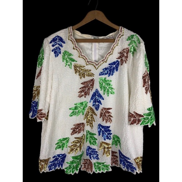 Vtg 1980s Beaded Sequins Evening Top M L Silk White Leaf Print Party Holiday - Picture 1 of 7
